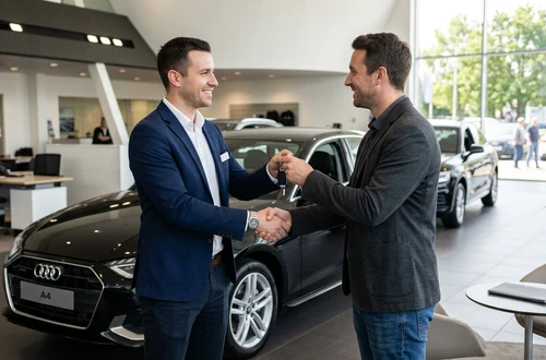 DriveWise lending specialist reviewing a car loan application with a client in a bright modern office